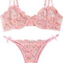 Lilosy Sexy Underwire Cute Push Up Strappy Embroidered Mesh Sheer Lingerie Set See Through Panty Bra (Small, Bow Pink)