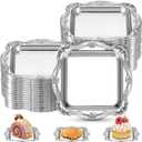 LemonRoad 50 Pcs Mini Square Baroque Dessert Display Trays Mini Elegant Plastic Serving Trays Small Cake Candy Plates for Weddings Parties Hotels Large Celebrations, 3"x3" (Silver)