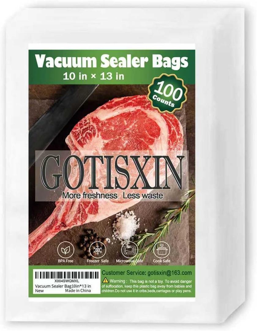 100 10 x13 Vacuum Sealer Bags, Airtight,Pre-cut,Heavy Duty BPA-Free Commercial Grade,for Sous Vide & Vacuumed Storage, Vac Seal Bags,for Food Saver & Seal a Meal Machines (10 x13)