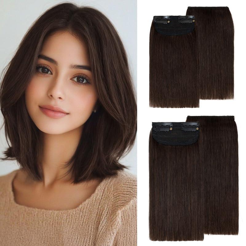 S-noilite 4 pieces Clip In Short Hair Extensions 100% Remy Human Hair Invisible Mini Short Clip in Hairpiece for Women with Thinning Hair Dark Brown 6 inch&8 inch
