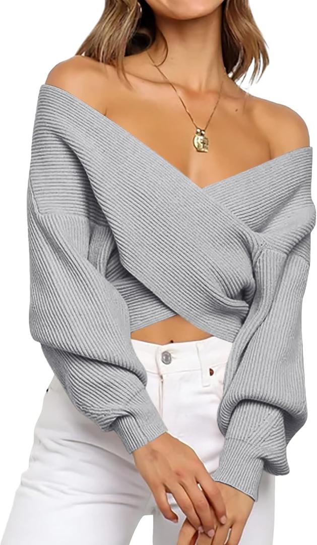 BTFBM Off The Shoulder Sweater for Women Winter Fall Fashion 2026 V Neck Long Sleeve Ribbed Knit Wrap Cropped Sweaters (Large, Grey)