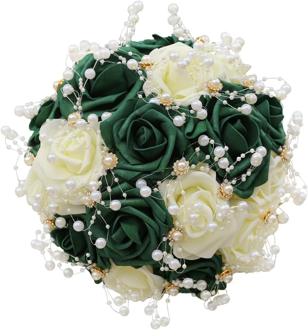 Round Green Ivory Artificial PE Rose Bouquet with Pearl and Rhinestone for Bridal Toss and Bridesmaids Suit for Wedding Party