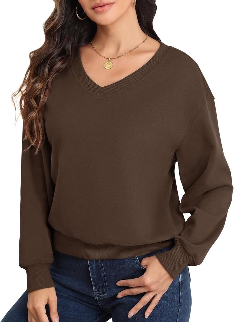 Smile Fish Women V Neck Long Sleeve Sweatshirt Casual Relaxed Cropped Pullover Fleece Lined Warm Tops (Medium, Brown)