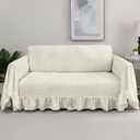 Rustic Linen Sofa Cover with Tie Strings, Full Couch Protector Durable Throw Slipcover Ruffled Edge (Natural, Sofa)