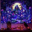 Ameyahud Blacklight Horror Halloween Tapestry UV Reactive Gothic Skull Tapestries Misty Castle Skeleton Tapestries Scary Moon Night Tapestry Dark Halloween Wall Hanging Decor for Home (59.1"L x 51.2"W)