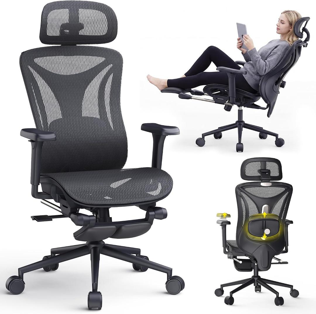 CYKOV Ergonomic Office Chair with Footrest - Adjustable Lumbar Support & Headrest, 90-160 Reclining Mesh Back Computer Chair - Home Office/Gaming, 350lbs Capacity (B-Black, Mesh), 20 inches x 22 inches x 40 inches