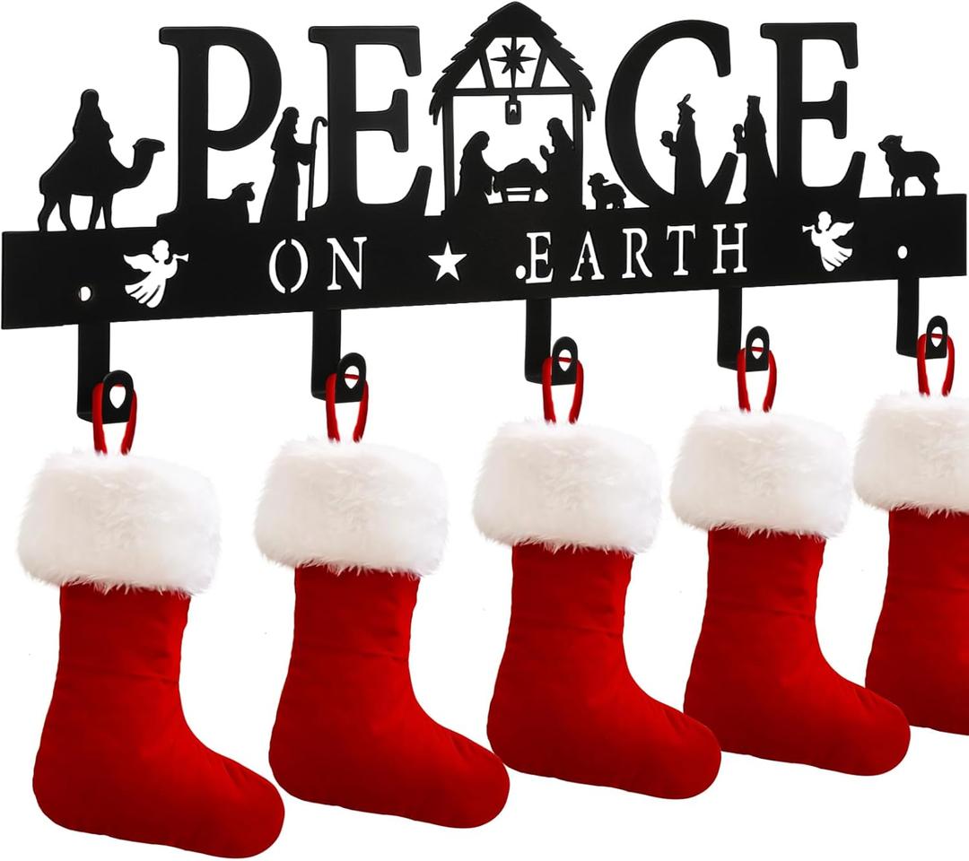 Nativity Christmas Stocking Holder for Wall with 5 Hangers Metal Christmas Stocking Wall Hanger Mantel Rack Hanging Mount Hook for Holiday Xmas Fireplace Decoration, Black (Peace)