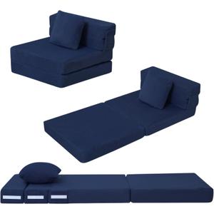 MeMoreCool Foldable Futon Chair Bed for Kids, Toddler Sofa Mattress, Convertible Foam Floor Couch, Tri-fold Sleeping Mattress (Navy)
