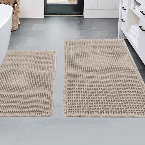 1 Pieces Bathroom Rugs Set, Washable Waffle Bath Mats Super Absorbent Shower Mats, Quick Dry Boho Bath Mat Bath Rugs with Tassels for Bathroom Floor(68"X22", Brown)