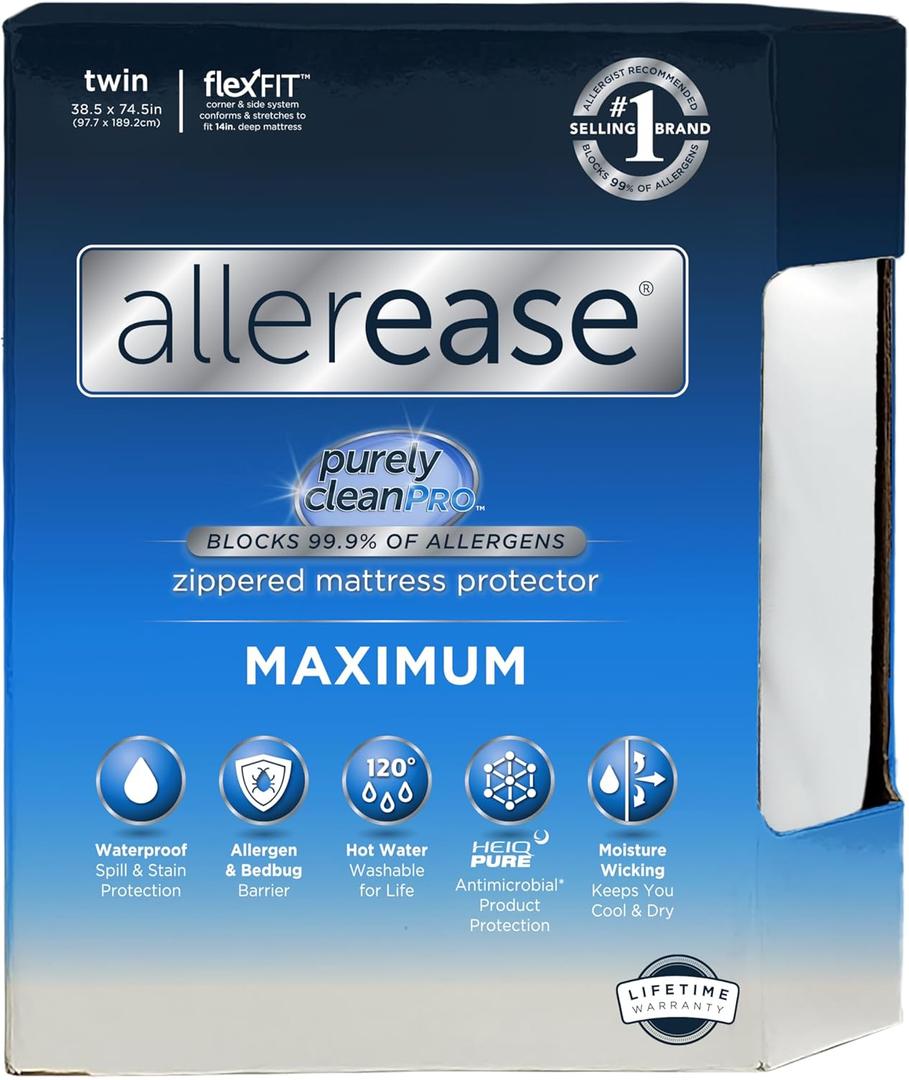 AllerEase Waterproof Mattress Protector, Maximum Allergy Mattress Protector, Twin Zippered Mattress Cover (White)