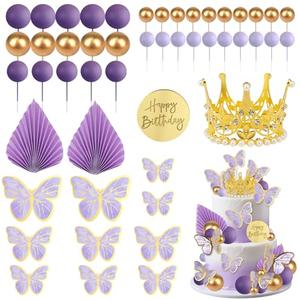 24Pcs Butterfly Cake Topper Purple Butterfly Golden Crown Cake Decorations with Ball Cake Toppers for Baby Shower Birthday Party Supplies