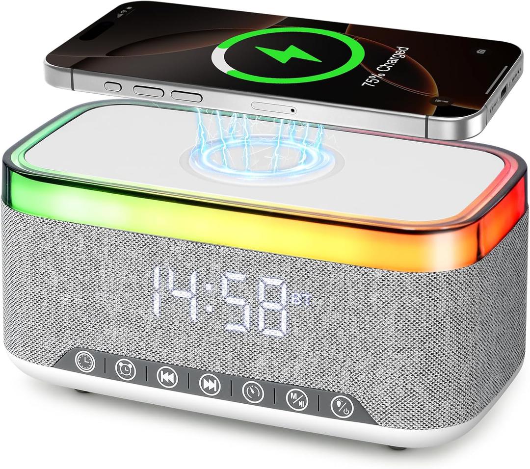 Portable Bluetooth Speaker with 15W Wireless Charging, 4 in 1 Alarm Clock Radio, 13-Color Dimmable LED Night Light - White Noise, 10W TWS Wireless Speaker, for Home, Bedroom, Office, Gift (White)