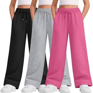 LessonZoo 3 Packs Teen Girls Sweatpants Wide Leg Drawstring Baggy Pants Straight Leg Athletic Trousers with Pockets Size 11-12yrs