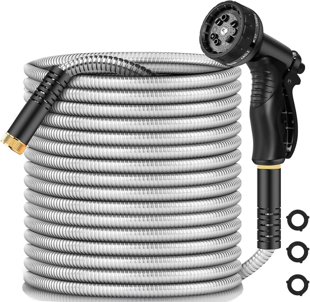Garden Hose 100 ft, Heavy Duty Stainless Steel Metal Water Hose with 8 Function Nozzle, No Kink, Leak-proof and Lightweight, Easy to Use and Sturdy, Puncture-Proof Outdoor Yard Hose