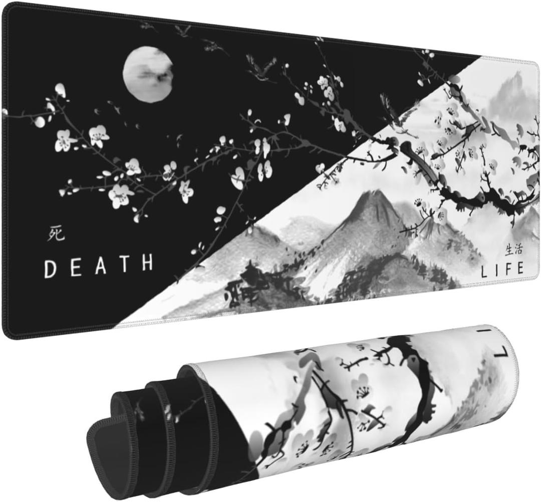 Black White Japanese Cherry Blossom Gaming Mouse Pad 31.5 x 11.8 Inch XL Pink Sakura Cool Design Big Mousepad Extended Large Laptop Keyboard Non-Slip Rubber Base with Stitched Edges for Home