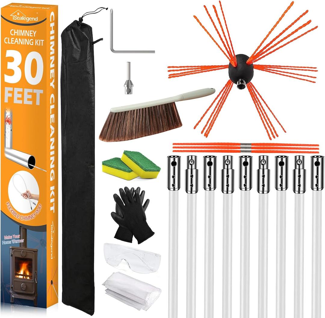 Sealegend 30 Feet Chimney Sweep Kit Chimney Brush, Chimney Cleaning Kit and Rotary Chimney Cleaning System, Fireplace Brush Tool with 9 Nylon Flexible Rods