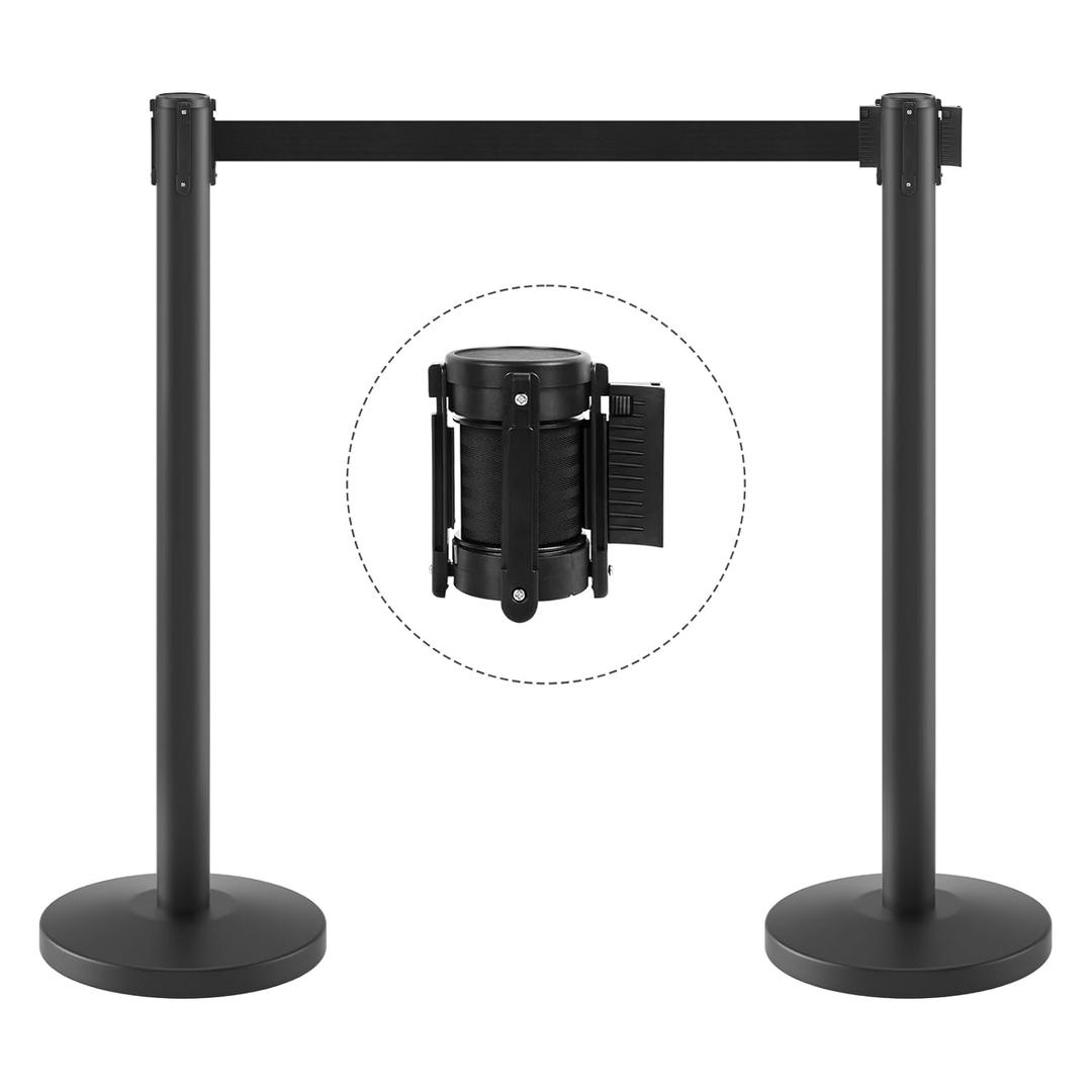 kaiyomi 2 Pack Stanchions with Retractable Belts, 11 Feet Crowd Control Posts Retractable Belt with Buffer Device, Heavy-Duty Base Stanchions Barriers Set (Black) (Black)