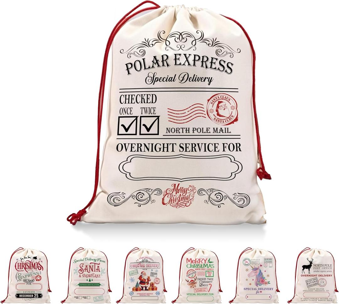 DOI-LANEE Santa Claus Sacks, Polar Express Canvas Bag, Christmas Gifts Bag with Drawstring, Xmas Gifts for Women Men, Christmas Eve New Year Xmas Presents for Children (White 01)