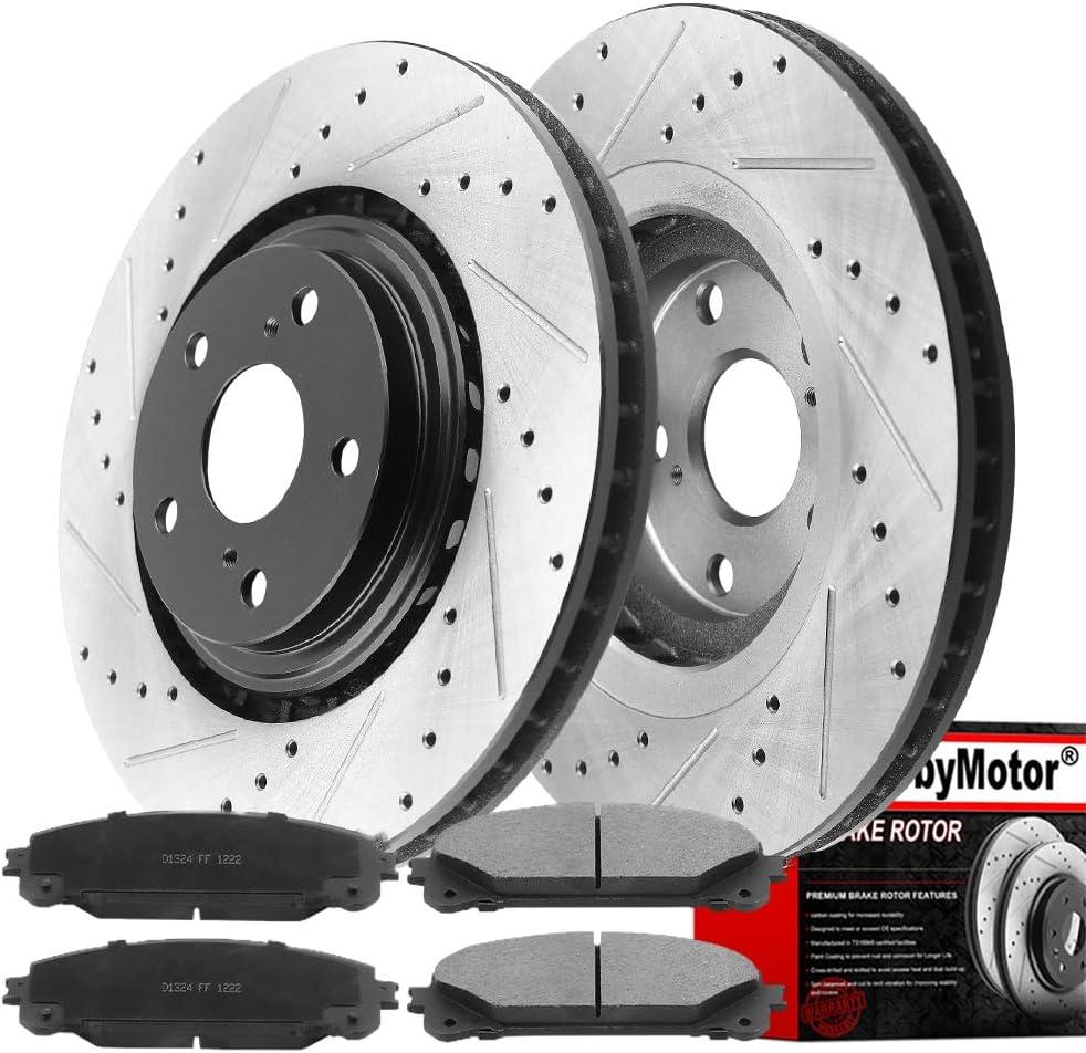 MotorbyMotor 328mm Front Brake Kit, Drilled & Slotted Disc Brake Rotors and Ceramic Brake Pads fits for Toyota Highlander Sienna, Lexus RX350 RX450H NX200T NX300 NX300H (31511, 12044158)