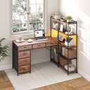 L Shaped Gaming Computer Desk with Storage Shelves, 6 Fabric Drawers, Corner Gaming Desk with Open Shelves, Home Office PC Table with Power Outlets & LED Lights, 58.3" l*54.3" h