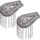 2Pcs Silver Tassel Shoulder Epaulettes Rhinestone Beaded Costume Shoulder Epaulet Pads Fringe Crystal Chain Punk Applique Blazer Badge Jewelry Brooch Pin for Men Women Jackets Accessories