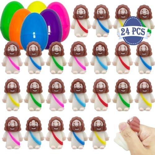 Jofan 24 Pack Plastic Prefilled Easter Eggs with Mini Jesus Mochi Squishy Toys Inside for Kids Boys Girls Toddlers Easter Basket Stuffers Gifts Fillers Party Favors