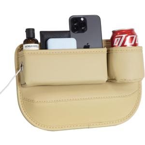 Car Seat Gap Filler Organizer with Cup Holders, Seat Gap Storage Box for Drinks, Phones, Keys, Sunglasses, Cards, and Small Essentials (Beige, Passenger Seat)