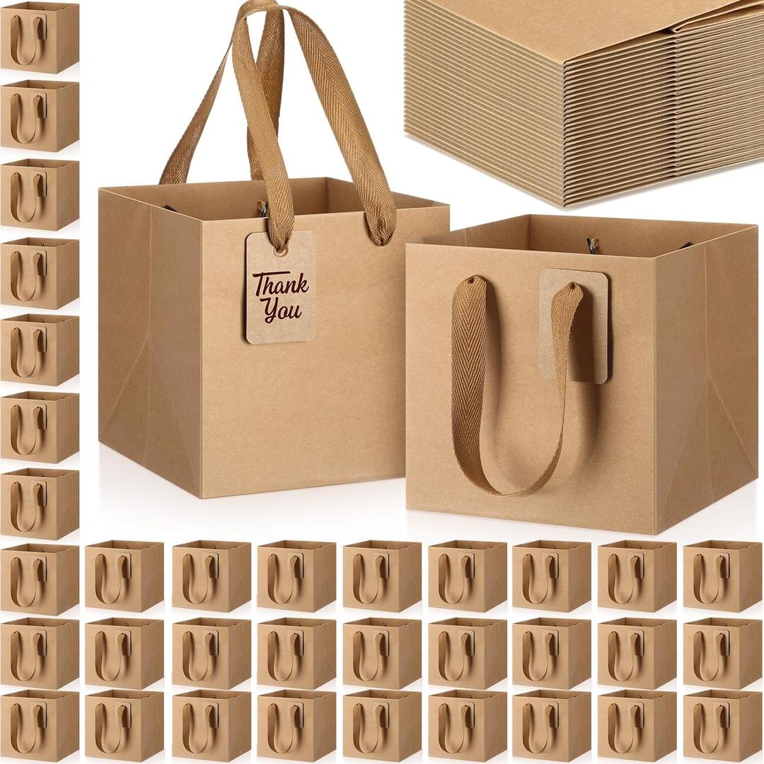 Windyun 100 Pcs Mini Paper Gift Bags with Handle 6 x 6 x 6'' Square Small Favor Bag with DIY Thank You Tag for Christmas Birthday Wedding Bridal Shower Bridesmaid Graduation Party (Kraft)