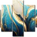 Modern Canvas Wall Art for Office 5 Panel Abstract Marble Art Poster Turquoise Gold and White Colors Picture Prints for Native Americans Living Room Home Wall Decor Stretched Ready to Hang 60x40 in