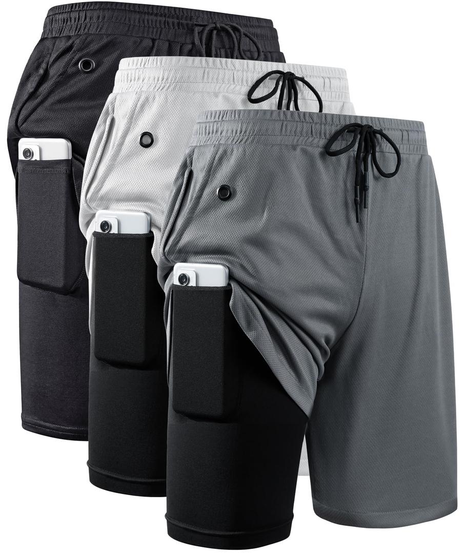 JWJ Men's 2 in 1 Workout Running Shorts 7 Inch Lightweight Athletic Gym Shorts with Compression Liner XL