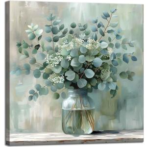 Eucalyptus Flower Glass Vase Canvas Wall Art Bathroom Decor Country Style Wall Decor Pictures Farmhouse Vintage Artwork Green Botanical Posters Prints for Bathroom Bedroom Decoration (20L" x 20W")