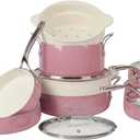 Bloomhouse 12 Piece Aluminum Pots and Pans Cookware Set w/Non-toxic Ceramic Non-stick, Ceramic Steamer Insert, & 12 Protective Care Bags - Pink Orchid