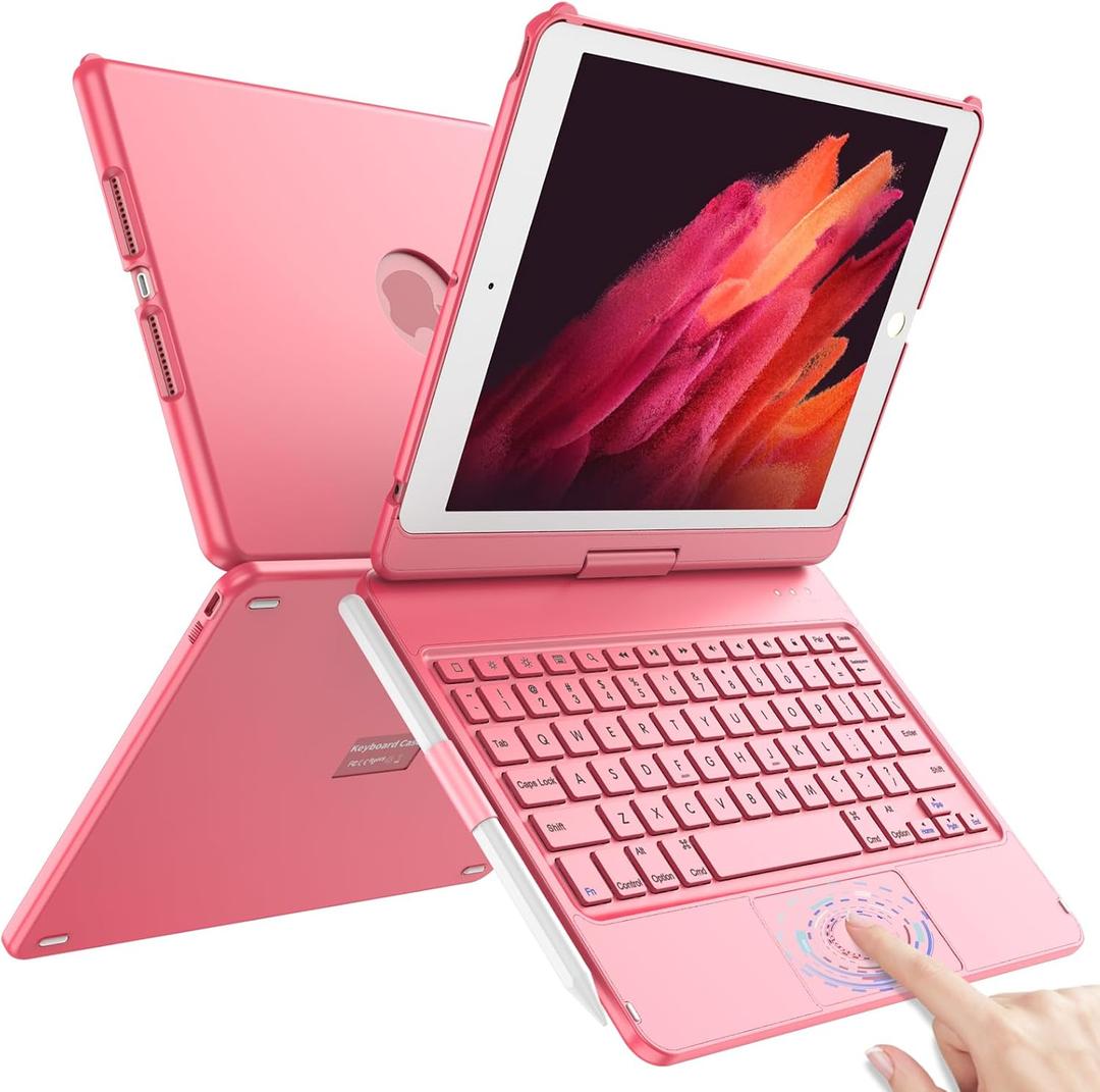 TQQ Touch for iPad 9th Generation Case with Keyboard (10.2", 2021), Multi-Touch Trackpad, 360 Rotatable Protective Cover for iPad Keyboard 9th/8th/7th Gen with Pencil Holder (Pink)