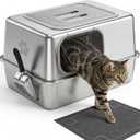 Ptlom Enclosed Stainless Steel Litter Box for Large Cats, Leak-Proof Metal Cat Toilet with Lid, Ventilated Top Opening Covered Cat Pan High Sided Walls, Scoop & Litter Mat, 20.8" x 13.0" x 13.1"