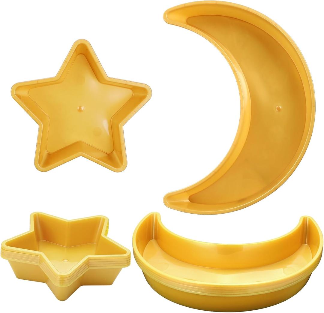 Maitys 10 Pcs Ramadan Moon and Star Dessert Plates Plastic Eid Mubarak Trays Islam Muslim Dinner Plate for Food Storage Container Party Supplies Ramadan Table Decoration, Gold
