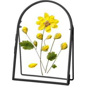 REDHUGO Double Glass Frame for Pressed Flowers Handmade, Metal Floating Picture Frame for Pressed Flower, Tabletop Display, Brass, ArcShaped, Black, 5x7 inches (FRAME ONLY)
