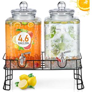 Honeydak 4.6 Gallon Glass Beverage Dispenser with Stand Stainless Steel Spigot Glass Lid Clear Iced Juice Container Leakproof Drink Dispenser Countertop Lemonade Water Jar for Wedding Party (2 Pack)