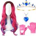 4 Pcs Halloween Costume Accessory Includes Wig, Crown and Heart Necklace, Heart Cutout Gloves (Novel, Pink)