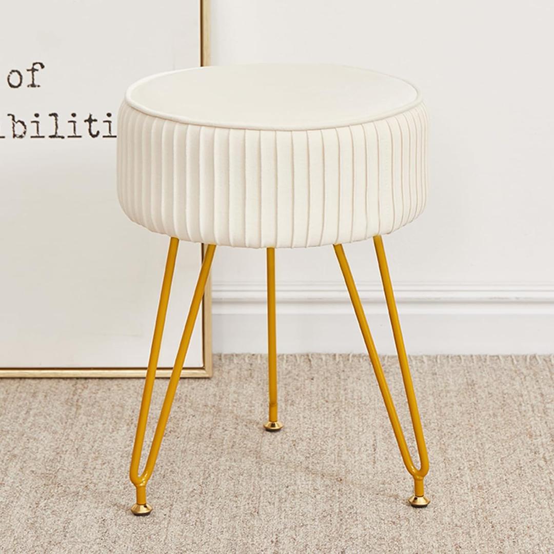 Velvet Vanity Stool, Modern Ottoman Foot Rest Stool with Adjustable Golden Legs, Makeup Chair for Vanity, Multifunctional Small Vanity Chair for Bedroom, Beige