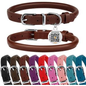 BRONZEDOG Rolled Leather Dog Collar for Dogs with QR ID Tag (S: 12-14 Inch, Chocolate Brown)