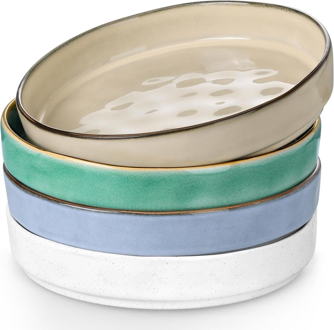 Herogo Stoneware Serving Bowls Dishes Set of 4, 34oz Large Wide Shallow Stackable Ceramic Pasta Bowls Plates for Salad Soup Cereal, Microwave & Dishwasher Safe, Multicolor