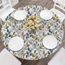 REDAMANCY Watercolor Blue Brown Leaf Rustic Round Fitted Tablecloth with Elastic Edge Waterproof Oil Proof Table Cover Cloth Round Tables for Dinner, Outdoor, Picnic (Fitted to 36"-44" Diameter)