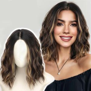 AISI HAIR 14 Inch Brown Mix Blonde Wigs for Women - Shoulder Length Wave Wig with Pre-Cut Lace Hairline, Middle Part Natural Wavy Bob Synthetic Heat Resistant Fiber for Daily and Party