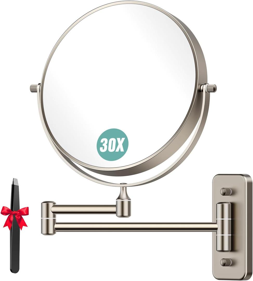 Auxmir 1X/30X Wall Mounted Makeup Mirror, Double-Sided Magnifying Mirror with Tweezers, Bathroom Makeup Mirror, Cosmetic Vanity Mirror with 360 Rotation Extendable Swivel Arm, Nickel