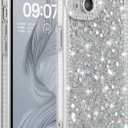 FABSPARK Case for iPhone 16 Pro,Glitter Crystal Diamond Rhinestones Sequin Shiny Bling Sparkly Glossy Luxury Electroplated Case,Aesthetic Cute Full Protection for iPhone 16 Pro,Silver
