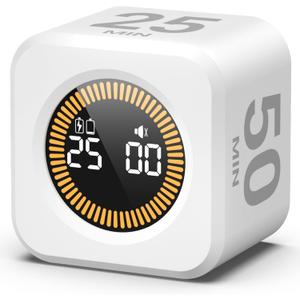 KADAMS Pomodoro Cube Timer Productivity Visual Timer 5/10/25/50 Min Customize Timer, Rotating Countdown Countup, Mute - for Work Study Cook Workout Kitchen Classroom for Kid (White)