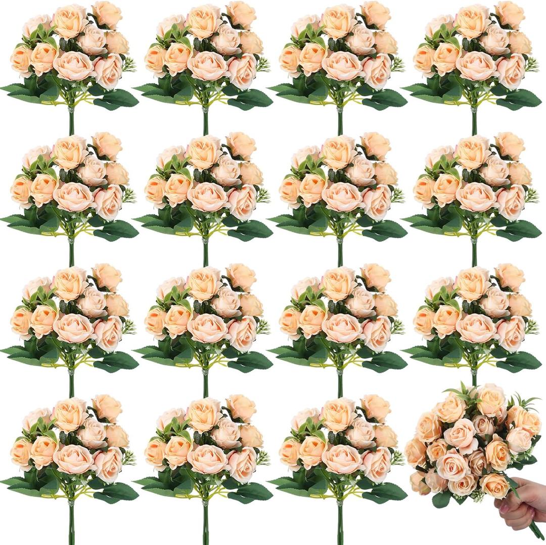 Zeyune 16 Bunches 12 Inch Artificial Mini Rose Bouquet 160 Heads Bridal Flower Bouquets Fake Silk Rose Bulk for Wedding Bridal Shower Christmas Home Office Garden Decoration(Champagne)