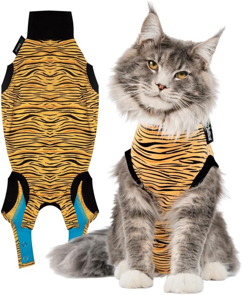 Suitical Cat Recovery Suit for Spay, Neuter, Suture, Incision, & Skin Conditions - Breathable Fabric with Back Opening - 16.9-20.1 Inches Neck to Tail, 23-34 Inches Chest - S, Tiger Print