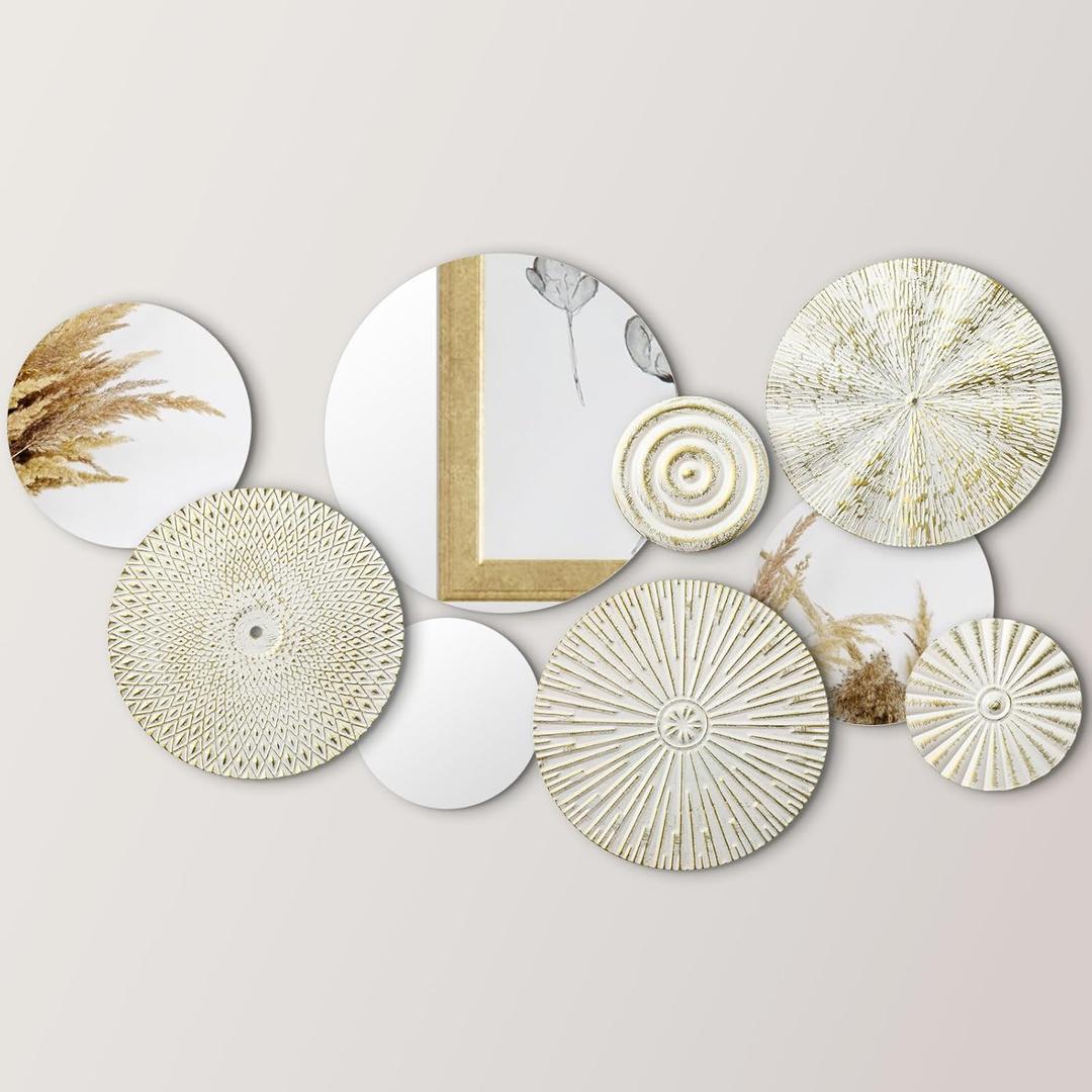 Blulu 9 Pcs White Gold Mirror Wall Decor Metal Round Home Art Decor Decorative Modern Circle Mirror Wall Art Sculpture Hanging Decorations for Home Living Room Office