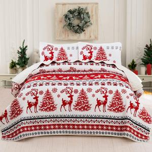 DJY Christmas Quilt Set King Size, Reindeer Snowflakes Pattern Bedspread Bedding Set 3 Piece Red Christmas Coverlet Festival Winter Elk Decor Reversible Quilted Bedding Set with 2 Pillowcases